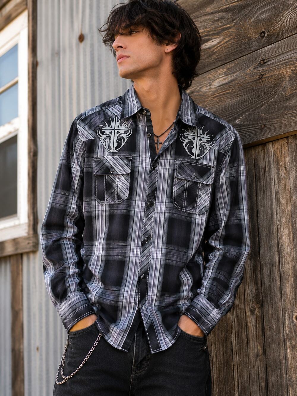 CJ Black Pearl Snap Western Plaid Embroidered Cowboy Shirt XL